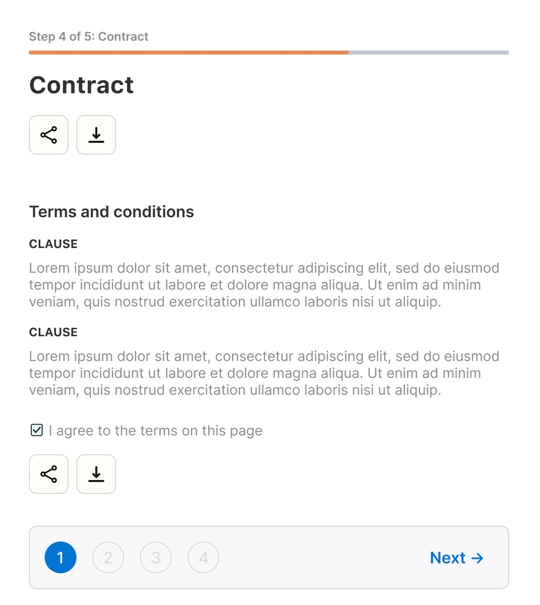 Checkout flow — OwnSpace contract step (mobile view)