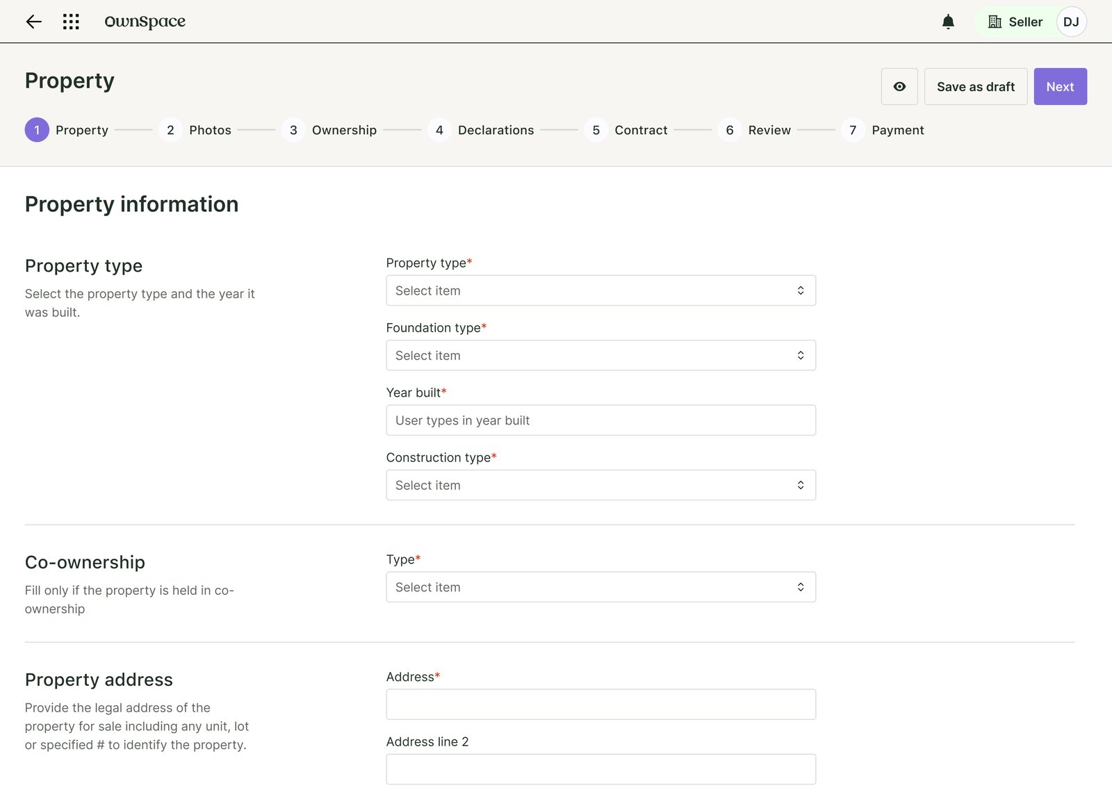 Listing flow — OwnSpace property listing form