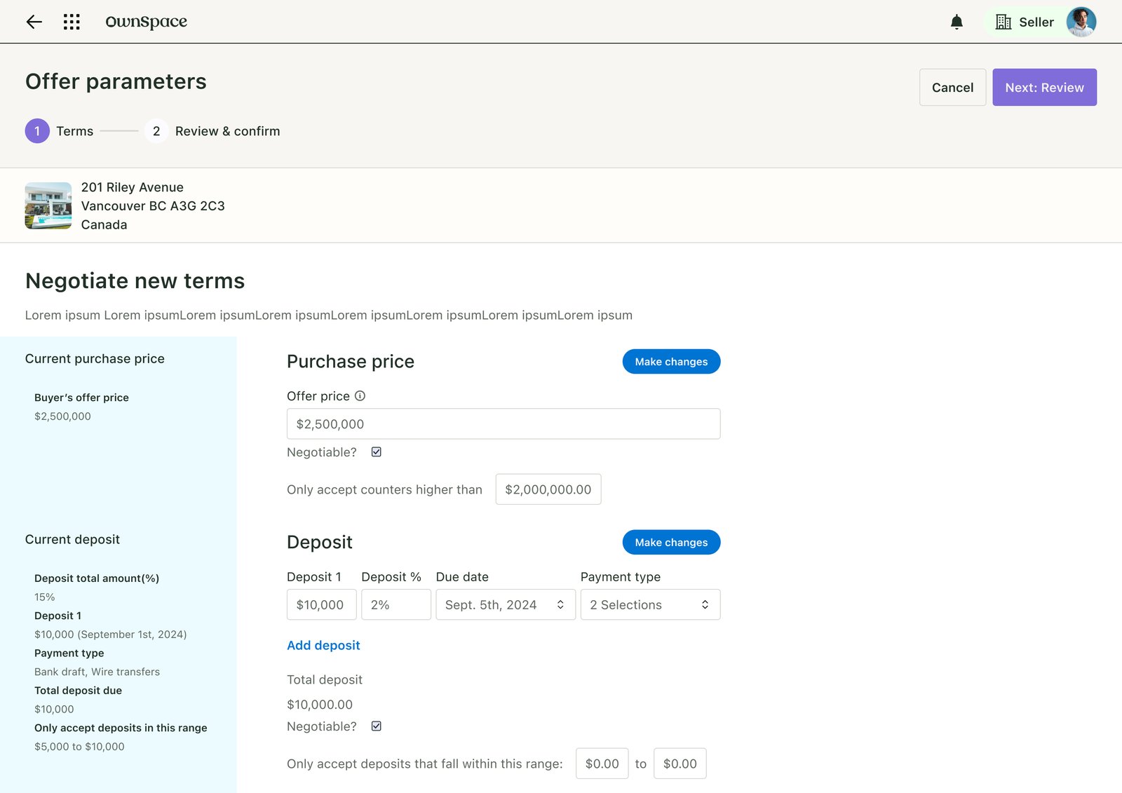 Negotiation flow — OwnSpace offer parameters and terms screen